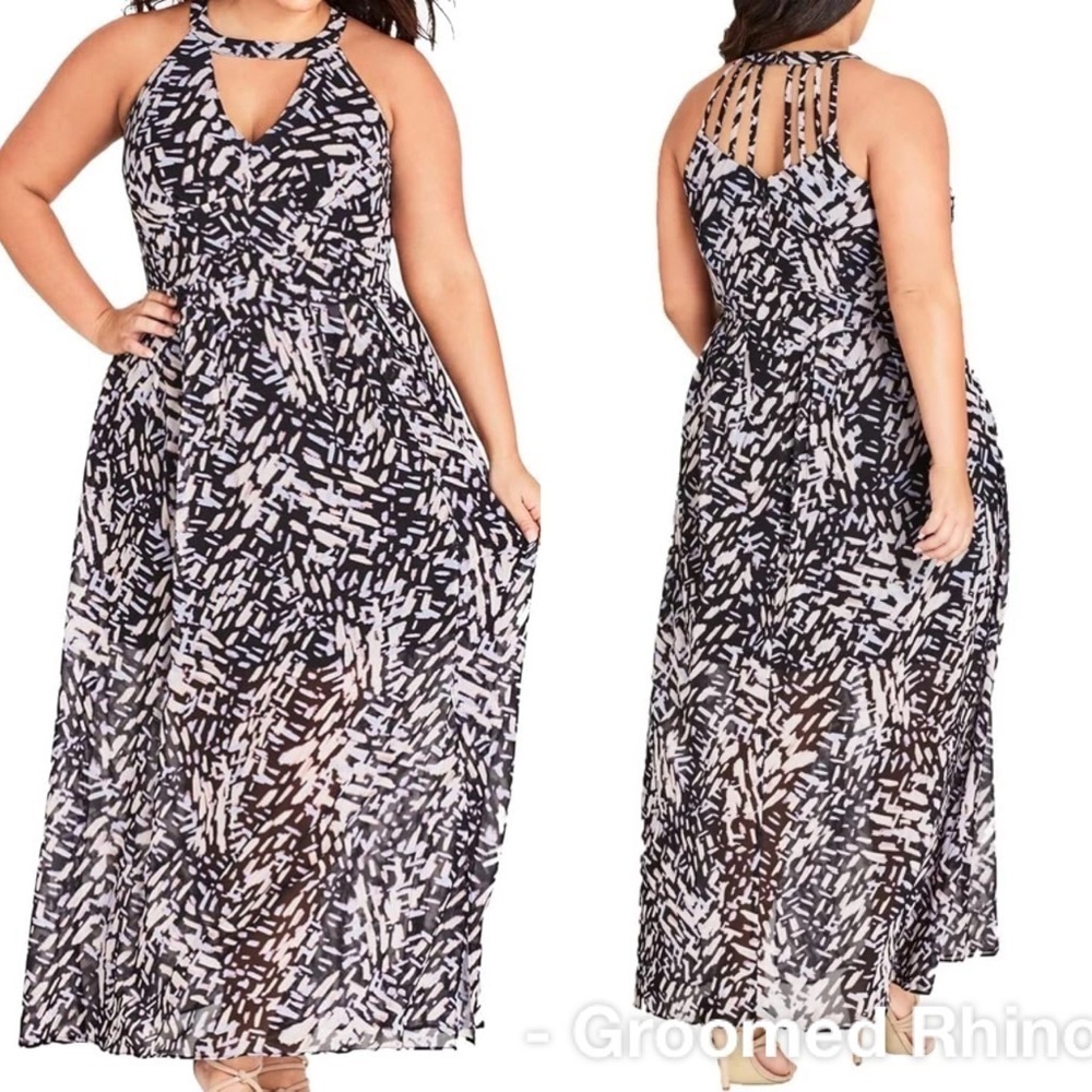 City Chic Abstract Print Caged Halter Maxi Dress Size 24